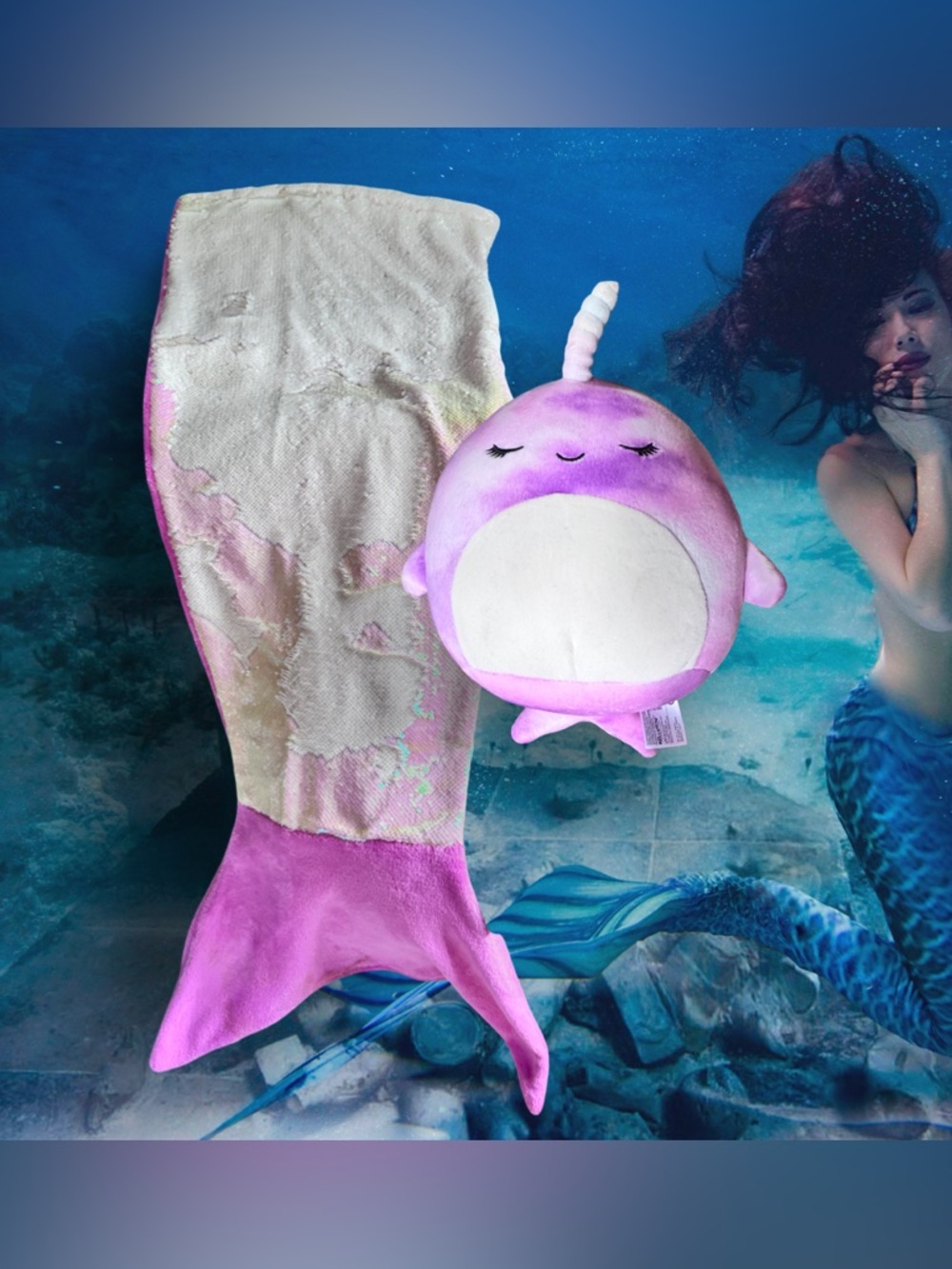 Squishmallows Purple Narwhal Plush with Pink Mermaid Tail
